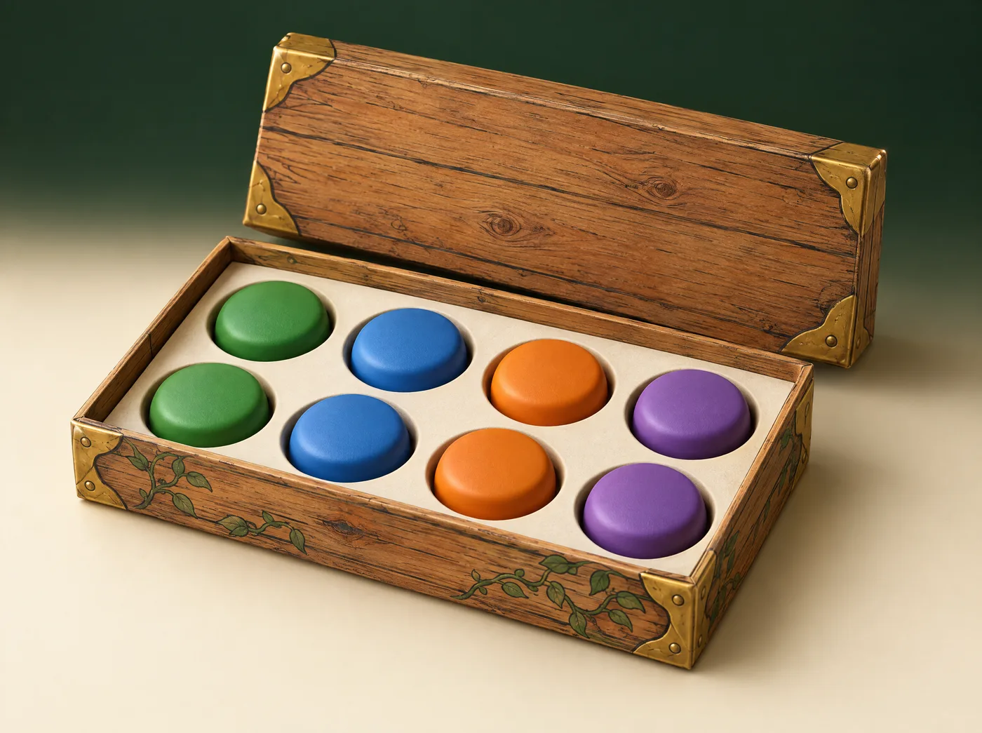 The Starter Set: a wooden-look crate holding eight coloured Gems in two rows.